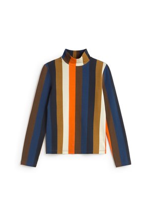 Long-sleeve turtleneck top featuring vertical stripes in brown, blue, orange, and cream. Soft fabric with a snug fit and smooth texture.