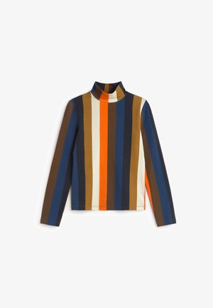 Lange mouw turtleneck top met verticale strepen in bruin, blauw, oranje en crème. Zachte stof met een aansluitende pasvorm en een gladde textuur.