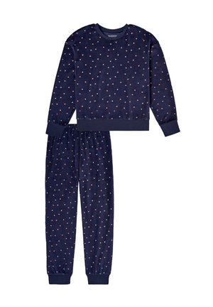 Marineblaue Pyjamahose aus weichem Stoff mit verstreuten kleinen rosa Sternmustern. Das Oberteil hat einen Rundhalsausschnitt; die Hose hat einen elastischen Bund und Bündchen.