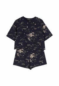 Granatowa bluzka z krótkim rękawem i szorty w beżowe wzory z pegazami, gwiazdami, księżycami oraz chmurami.