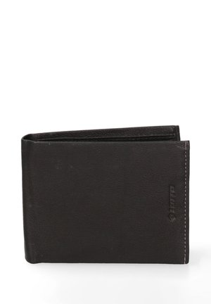 Portafoglio in pelle nera con finitura testurizzata, dotato di un semplice design bifold e cuciture a contrasto. Logo impresso di lato.