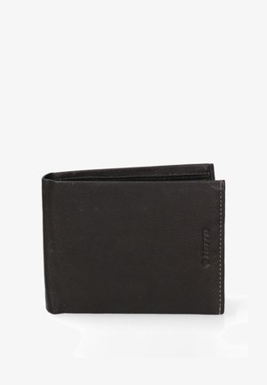 Portefeuille en cuir noir avec une finition texturée, présentant un design bifold simple et des coutures contrastées. Logo en relief sur le côté.