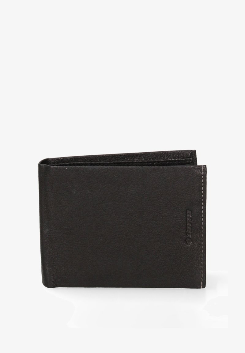 Portefeuille en cuir noir avec une finition texturée, présentant un design bifold simple et des coutures contrastées. Logo en relief sur le côté.