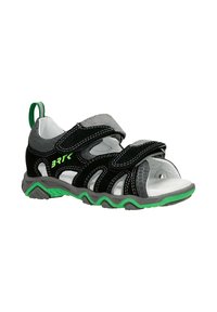 Infradito neri e grigi con accenti verdi, cinghie in Velcro e design forato per la ventilazione. Suola bianca imbottita con parte inferiore testurizzata.