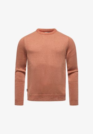 Gestrickter Pullover in warmem Korallenrot mit einem strukturierten Bienenwabenmuster. Verfügt über einen Rundhalsausschnitt und lange Ärmel mit gerippten Bündchen und Saum.