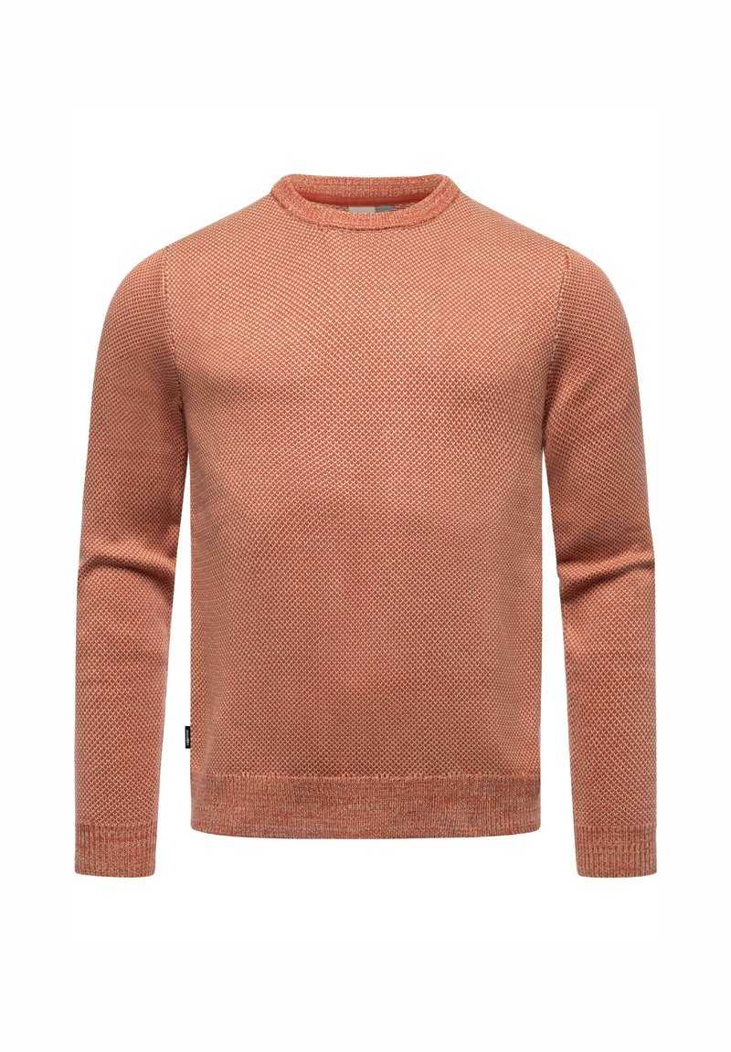 Sweter dziany w ciepłym kolorze koralowym z teksturowanym, zaczynającym się od wzoru w plaster miodu. Posiada okrągły dekolt oraz długie rękawy z prążkowanymi mankietami i dołem.