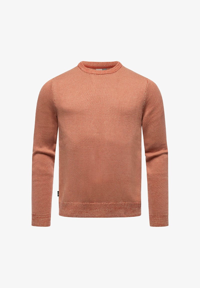 Maglione lavorato a maglia in un caldo corallo con un motivo a nido d'ape testurizzato. Presenta un collo rotondo e maniche lunghe con polsini e orlo a coste.