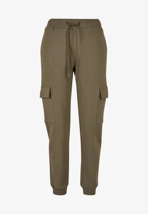 Oliivroheline dressipüksid, ribatud vöökoht, pael ja kaks külge kott. Sile tekstuur, kitsenevad sääred ja elastsed mansetid.