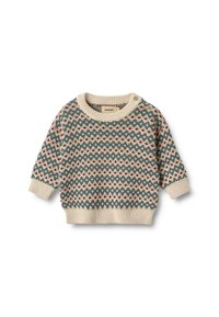Maglione lavorato a punto basso beige chiaro con collo rotondo, caratterizzato da motivi geometrici rossi e blu, maniche lunghe e dettagli con bottoni sulla spalla.