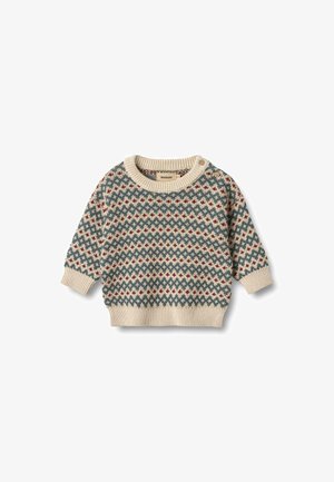 Maglione lavorato a punto basso beige chiaro con collo rotondo, caratterizzato da motivi geometrici rossi e blu, maniche lunghe e dettagli con bottoni sulla spalla.