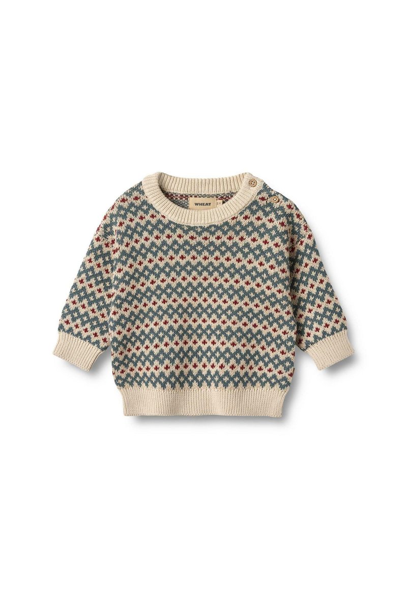 Maglione lavorato a punto basso beige chiaro con collo rotondo, caratterizzato da motivi geometrici rossi e blu, maniche lunghe e dettagli con bottoni sulla spalla.