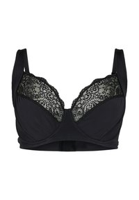Black bra featuring lace accents on the upper cups, smooth fabric, wide straps, and a hook-and-eye closure at the back.