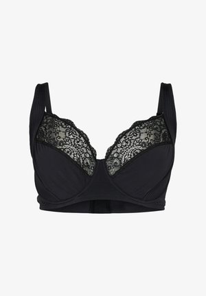 Black bra featuring lace accents on the upper cups, smooth fabric, wide straps, and a hook-and-eye closure at the back.