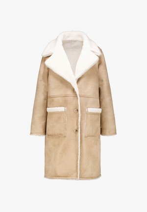 Beige Mantel mit weißem Kunstfellkragen, doppelter Knopfleiste, zwei Vorderaschen und sichtbaren Nähten entlang der Kanten.