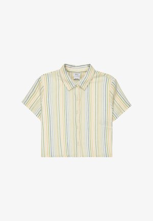 Camicia a maniche corte con colletto di un fresco color crema chiaro, decorata con righe verticali multicolori in verde, blu, arancione e giallo. Chiusura con bottoni e dettagli sulla tasca.