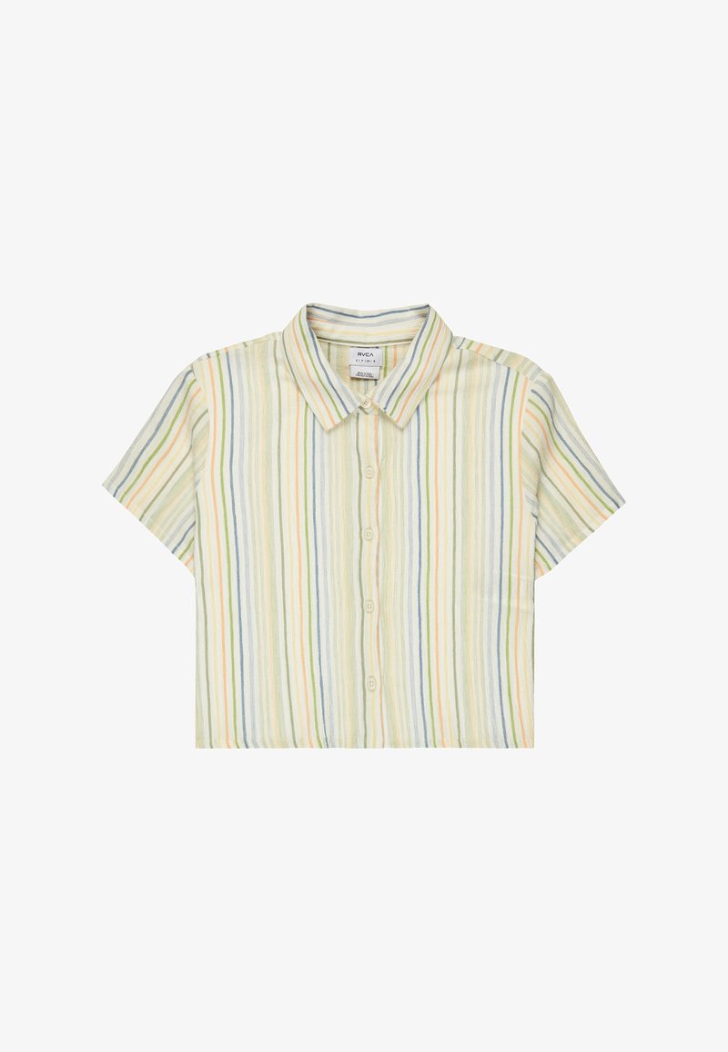 Košeľa s krátkym rukávom a golierom v svetlej krémovej farbe s vertikálnymi mnohobarevnými pruhmi v zelenej, modrej, oranžovej a žltej. Zapínanie na gombíky a detail vrecka.
