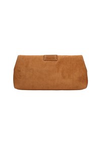 Borsa a mano in suede marrone chiaro con forma rettangolare, caratterizzata da una superficie liscia e un piccolo pannello con logo in pelle nella parte superiore.