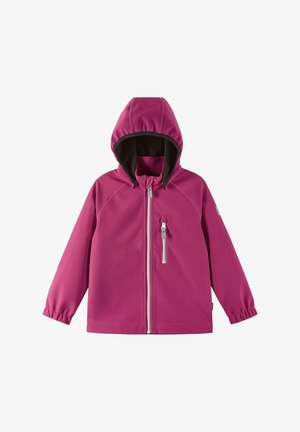 Lila Softshell-Jacke mit einer schwarz gefütterten Kapuze, Frontreißverschluss, elastischen Ärmelbündchen und einer kleinen Reißverschlusstasche auf der Brust.
