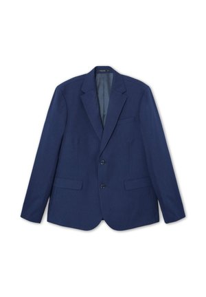 Blazer rayé bleu marine avec deux poches avant, une poche poitrine et deux boutons. Texture lisse, coupe ajustée et revers classiques.