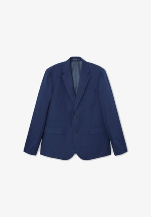 Blazer a righe blu navy con due tasche anteriori, una tasca sul petto e due bottoni. Texture liscia, vestibilità sartoriale e rever classici.
