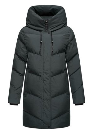 Dark green puffer coat with a high collar, zip closure, and adjustable drawstrings. Features chevron quilted pattern and ribbed cuffs.