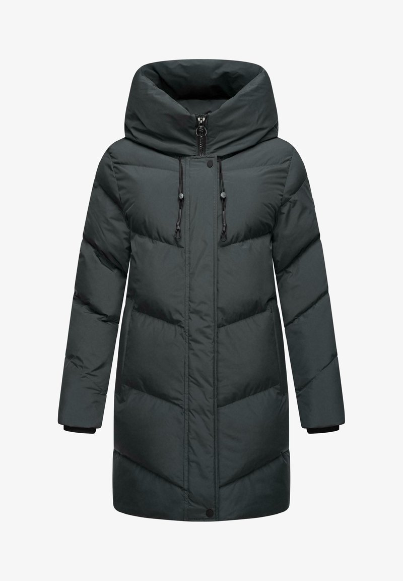 Cappotto imbottito verde scuro con colletto alto, chiusura zip e coulisse regolabili. Caratterizzato da un motivo a rombi e polsini a coste.