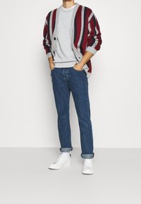 Gestricktes Cardigan mit roten, grauen und marineblauen Streifen, grauer Sweatshirt, blaue Jeans und weiße Turnschuhe. Aufgekrempelte Bündchen an der Jeans.