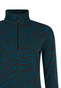 Suéter de manga larga con cuello alto, que presenta un patrón de rayas de cebra en tonos verde azulado y negro. El detalle de cremallera en el cuello añade funcionalidad.