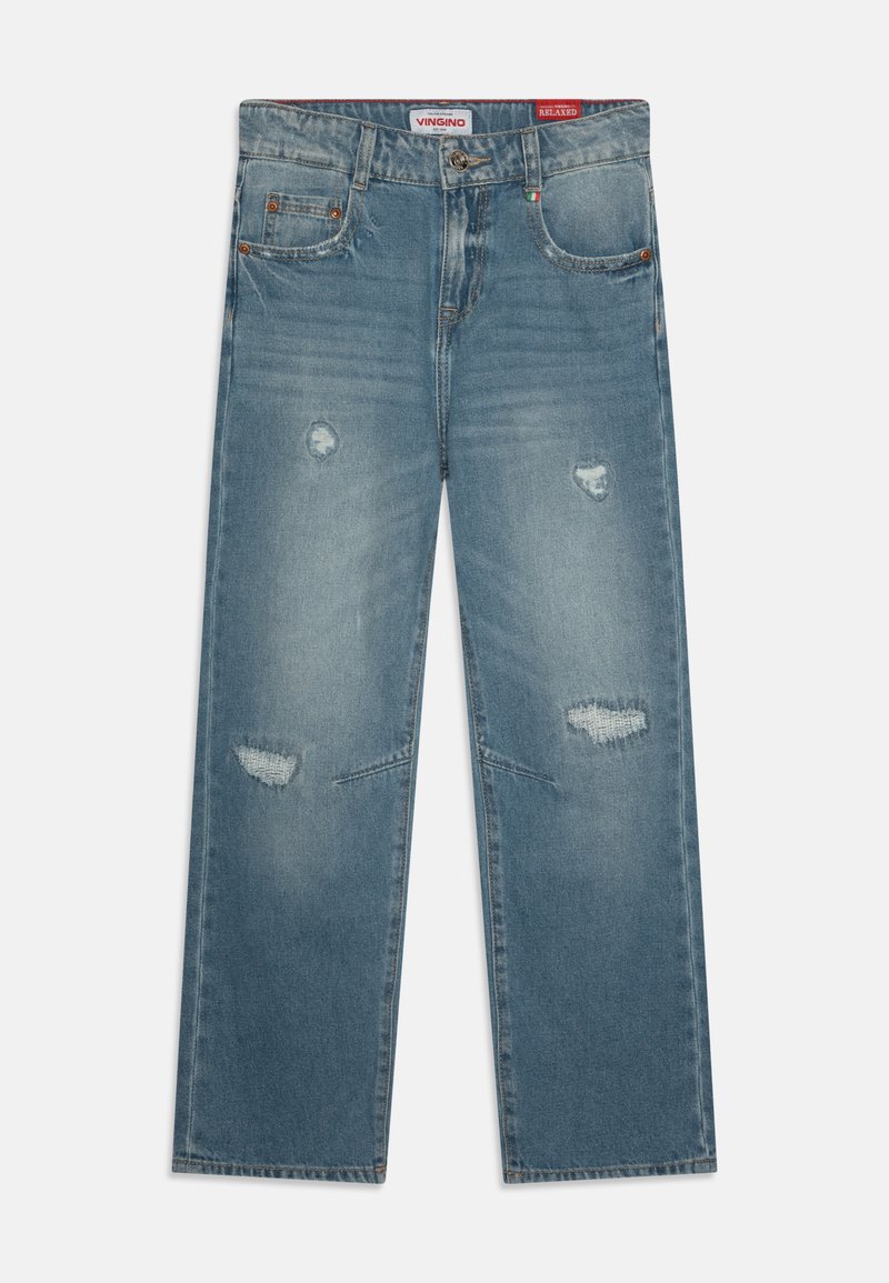 Lys blå denimjeans med avslappet passform, med slitte områder og synlige sømmer. Fire lommer med kobberdetaljer.