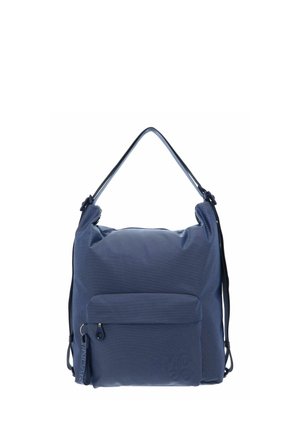 Blue fabric shoulder bag with a front zip pocket and a single strap for carrying by hand or over the shoulder.