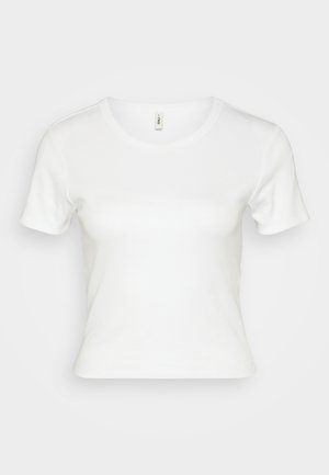 White short-sleeve T-shirt made of ribbed fabric, featuring a fitted cut and a classic round neck. No patterns or additional accents.