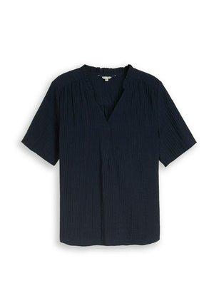 Zwarte blouse met korte mouwen van gestructureerde stof, V-hals en een losse pasvorm.