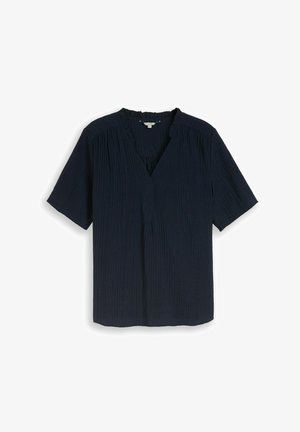 Schwarze Kurzarmbluse aus strukturiertem Stoff, mit V-Ausschnitt und lockerem Schnitt.