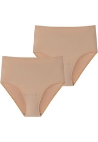 Beiges hochtailliertes Unterwäsche-Set, gefertigt aus glattem Stretchmaterial, mit einem nahtlosen Design und weichem elastischem Trim an den Rändern.