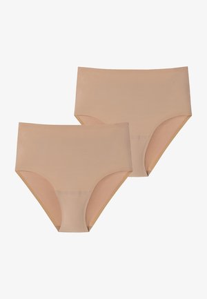 Ensemble de sous-vêtements taille haute beige, fabriqué en tissu extensible lisse, présentant un design sans couture et un bord en élastique doux.
