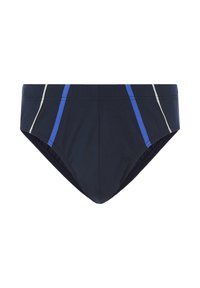 Marineblaue Schwimmslips mit blauen und weißen Seitenelementen, aus dehnbarem Material, mit einem niedrigen Bunddesign und flachen Nähten für zusätzlichen Komfort.