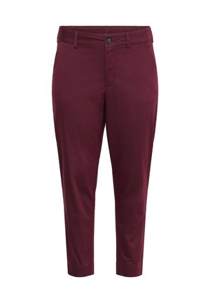 Burgundské capri kalhoty z hladkého materiálu, s knoflíkovým zapínáním vpředu, zkosenými kapsami a přiléhavým střihem. Střední pas s upraveným střihem.