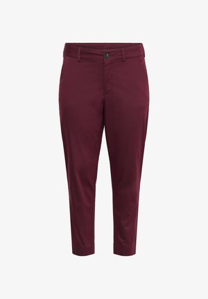 Burgundy värvi kapri püksid, mis on valmistatud siledast kangast. Neil on nupukinnitus ees, kaldus taskud ja sobiv disain. Keskmise kõrgusega vöökoht ning kohandatud lõige.