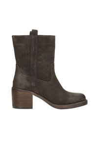 Bruine suède enkellaarsjes met een ronde neus, zijpanelen en een gestapelde hak met horizontale strepen. Glad textuur, minimale details.