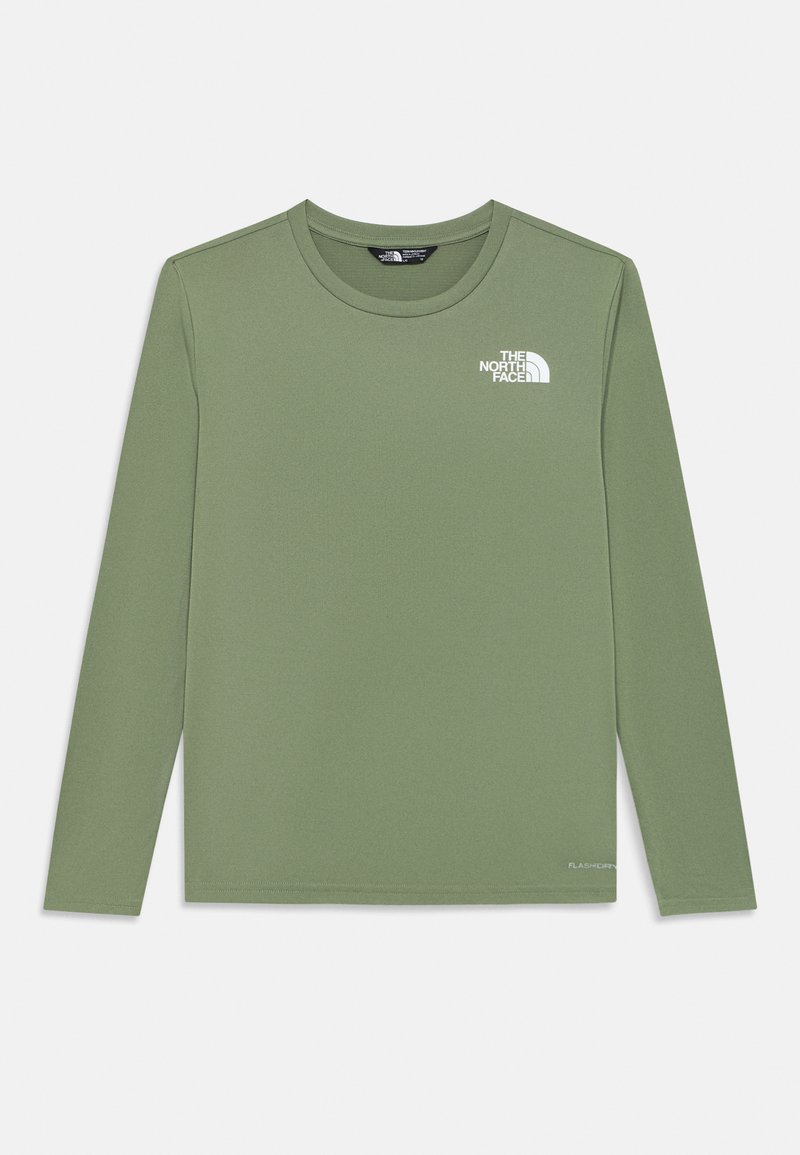 Hosszú ujjú, kerek nyakú póló olajzöld színben, puha anyagból készült. A bal felső részen fehér logó található, tapintása sima.