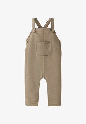 Világosbézs kisgyermek overál állítható gombos pántokkal, elülső zsebbel és oldalsó gombokkal, puha anyagból készült.