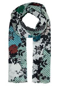 Écharpe à motif floral en tissu léger, présentant des fleurs vertes, rouges et noires sur un fond blanc et orné, avec des bords effilochés.