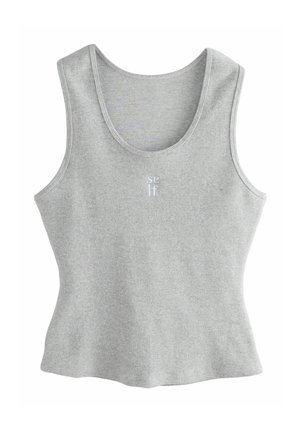 Gray ribbed tank top with a round neckline, sleeveless design, and embroidered text "self" on the front. Soft cotton material.