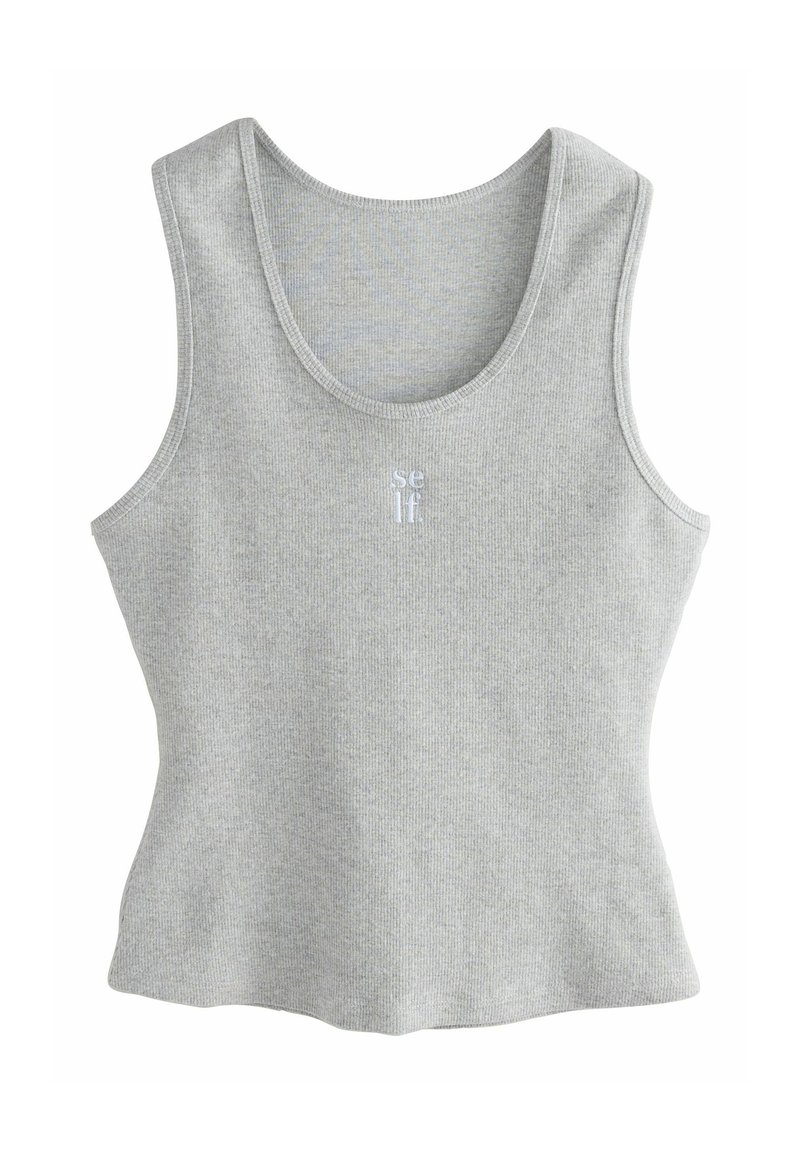 Hall seeliku lõikega hall ribakotiga tank top, ümmarguse kaelusega ja ilma varrukateta, mille esiküljel on külluslikult tikkitud tekst "self". Pehme puuvillane materjal.