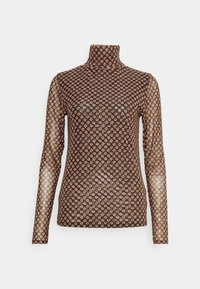 Top nero trasparente a maniche lunghe con collo alto, decorato con un piccolo motivo floreale arancione e bianco, dalla silhouette aderente.