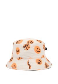 Bob en tissu léger avec motifs de visages souriants orange et noirs ainsi que de ballons de basket, doté de trous de ventilation latéraux et d'un bord cousu.