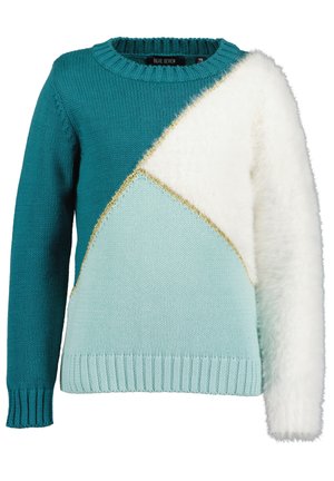 Dziecięcy sweter z długim rękawem w kolorze ciemnozielonym i jasnoniebieskim, z białym puszystym materiałem z przodu po prawej stronie i na rękawie oraz złotymi wykończeniami.