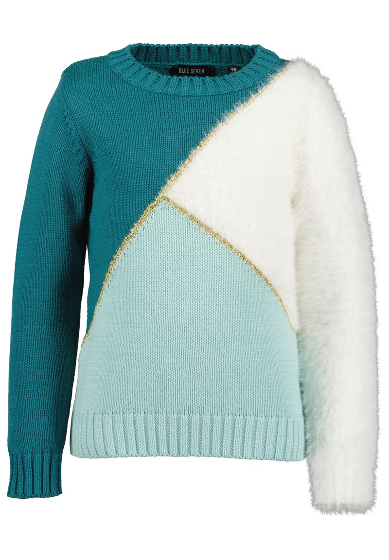 Pull à manches longues pour enfants avec des sections en maille bleu sarcelle et bleu clair, tissu blanc duveteux à l'avant droit et sur la manche, et touches de bordures dorées.