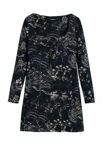 Langærmet sort kjole med et tekstureret, abstrakt blomstermønster i grå og beige, med firkantet halsudskæring og frontbinding.