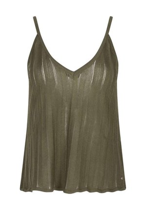 Camisole en maille vert olive avec fines bretelles et motif côtelé vertical subtil, coupe ample et encolure en V.